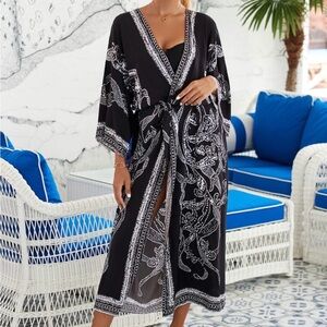 Super Soft Cotton Material Black and White Kimono or Swim Cover-Up